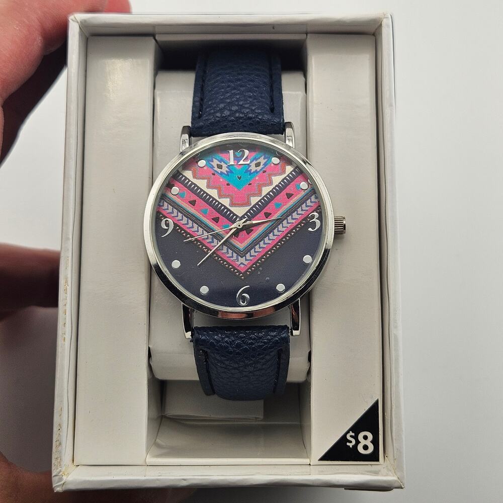 Southwestern Print Wrist Watch Blue Pink Bohemian Aztec Design NEW IN BOX